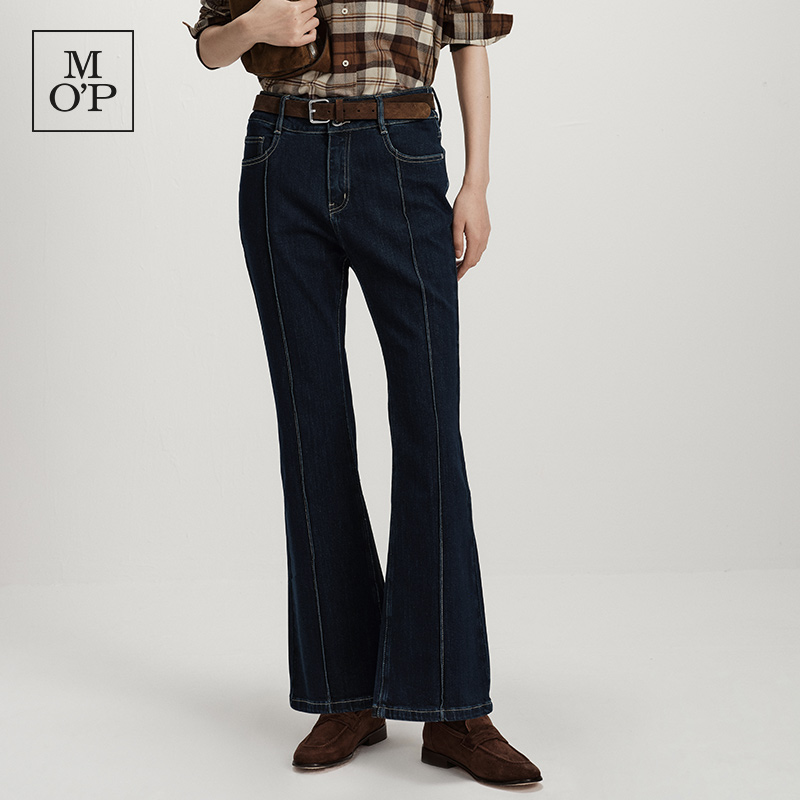 MOP高腰微喇后开叉牛仔裤女显瘦