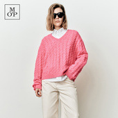 初春设计感V领绞花长袖 Polo Marc MOP25春秋季 新款 套头针织衫 女