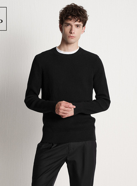 [足球灵感系列]MOP25早秋新款条纹肌理黑色圆领简约男士长袖毛衫