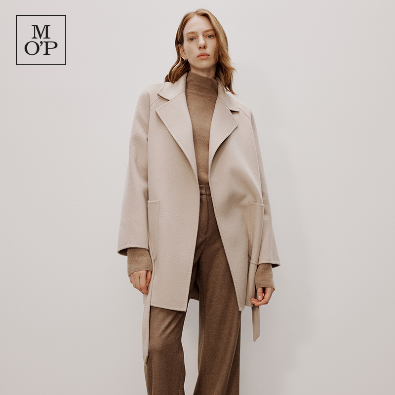 MOP绵羊毛水波纹长毛呢大衣女