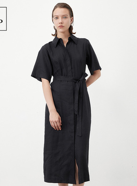 Marc O'Polo/MOP2025夏季新款黑色时尚翻领短袖收腰中长连衣裙女