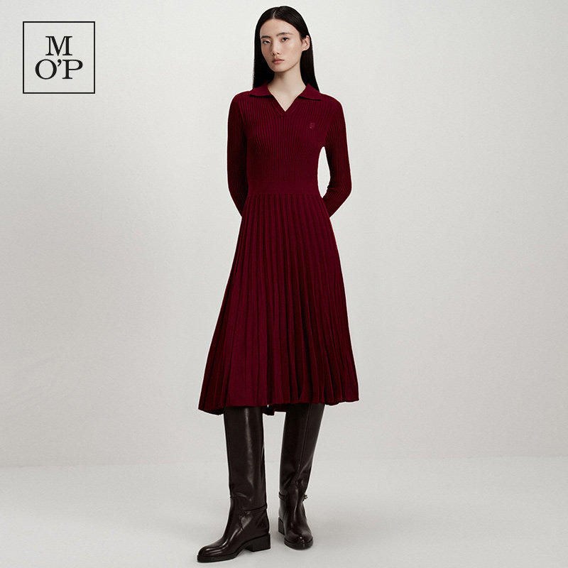MOP长袖POLO羊毛毛织百褶连衣裙