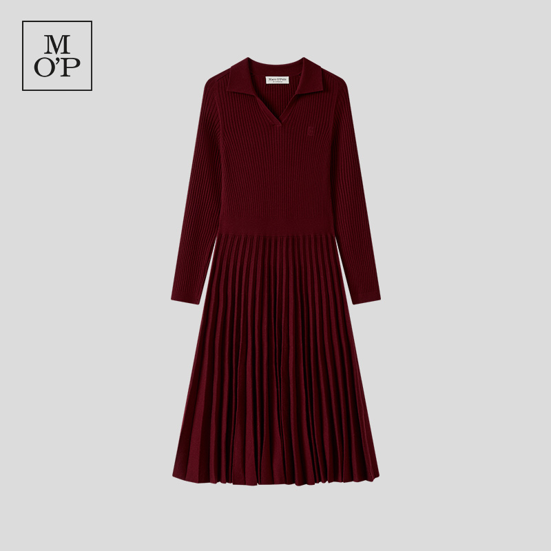 MOP长袖POLO羊毛毛织百褶连衣裙
