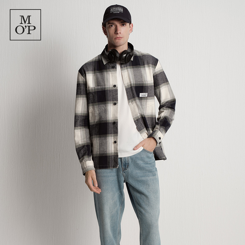 Marc O'Polo/MOP2025冬季新款纯棉工装风贴袋格纹衬衫式外套男士