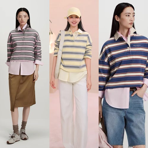 MOP条纹拼色长袖POLO衫女卫衣