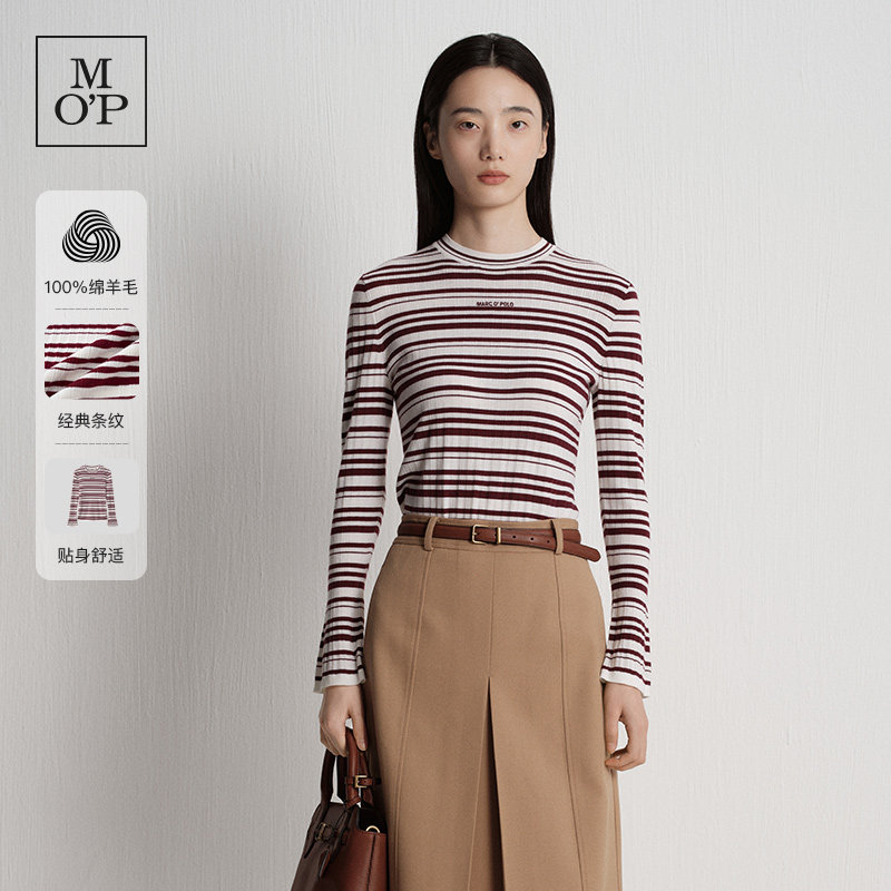 Marc O'Polo/MOP2025秋季新款100%棉羊毛修身小高领条纹毛织T恤女