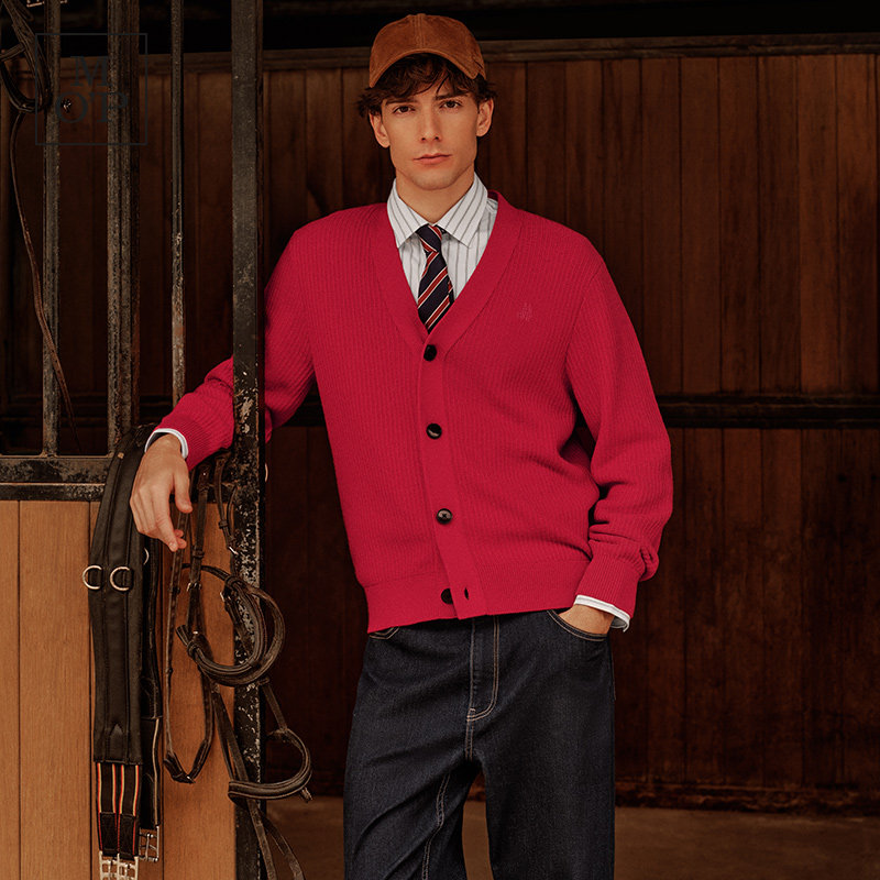 [新年限定]Marc O'Polo2026春季新款羊毛混纺红色V领针织开衫男女