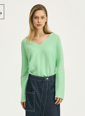 Marc O'Polo/MOP 春季新款时尚V领下摆开叉套头宽松落肩针织衫女