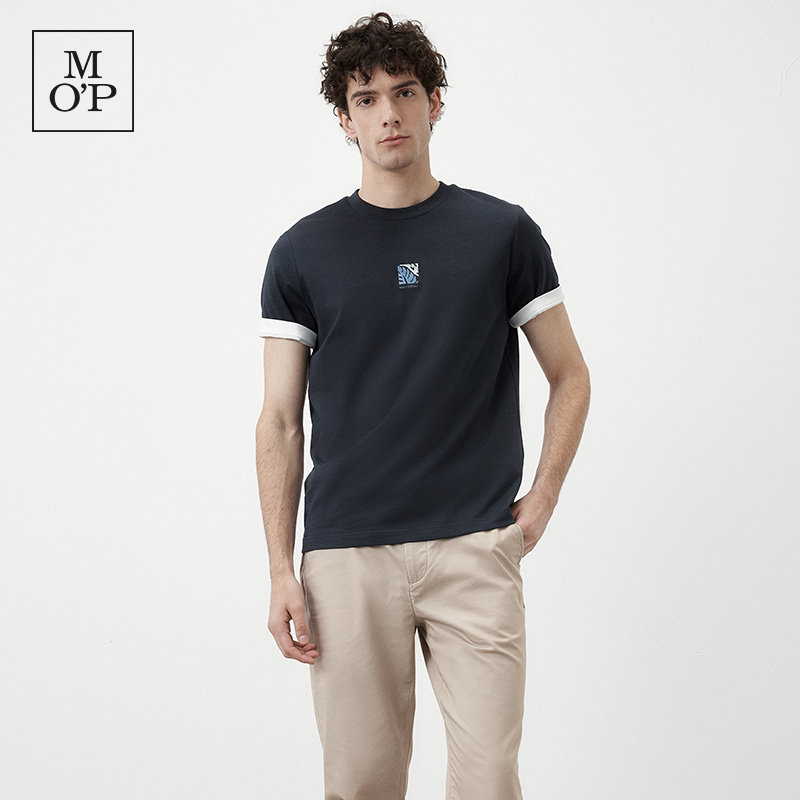 Marc O'Polo/MOP夏季新款休闲简约树叶绣花圆领修身短袖T恤男上衣