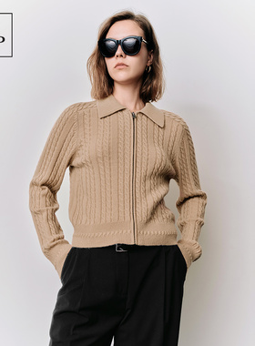 Marc O'Polo/MOP25春秋季新款100%羊毛翻领绞花长袖开衫女针织衫