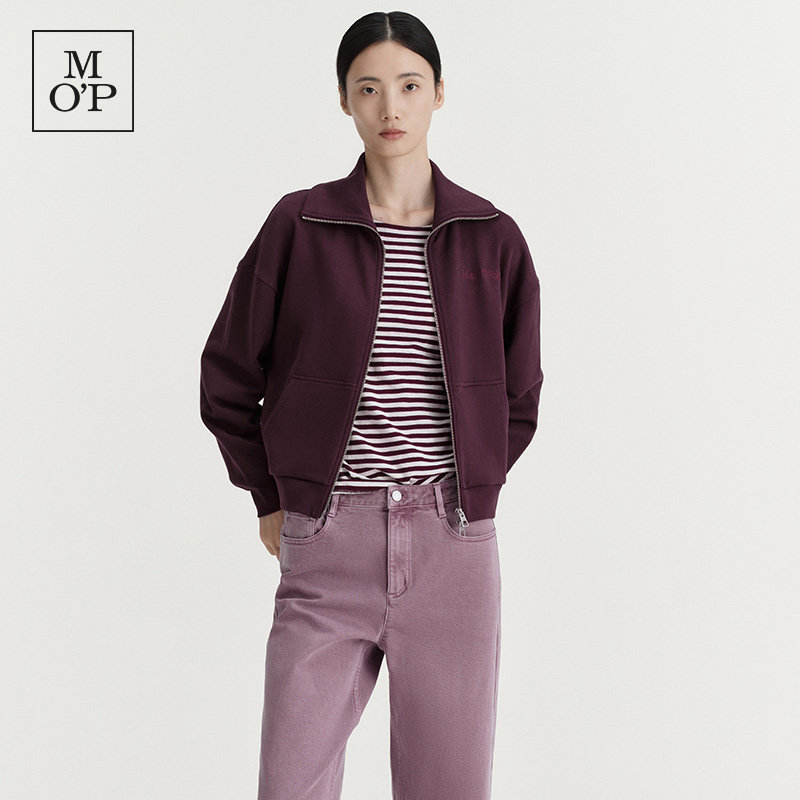 Marc O'Polo/MOP2026秋季新款酒红色立领拉链卫衣女纯棉宽松外套