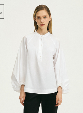 Marc O'Polo/MOP 春季新款时尚白色纯棉高级感半开襟灯笼袖衬衫女