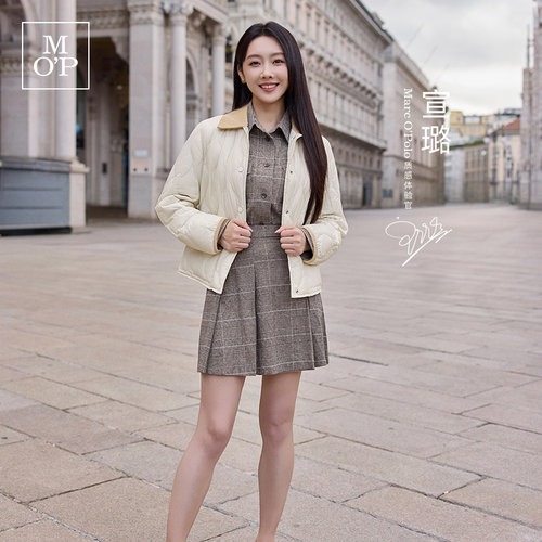Marc O'Polo/MOP冬季新款好看宽松高腰绵羊毛卡其格子百褶半裙女