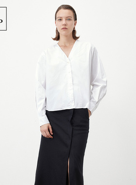 Marc O'Polo/MOP2025夏季新款V领开襟短白色时尚设计感长袖衬衫女