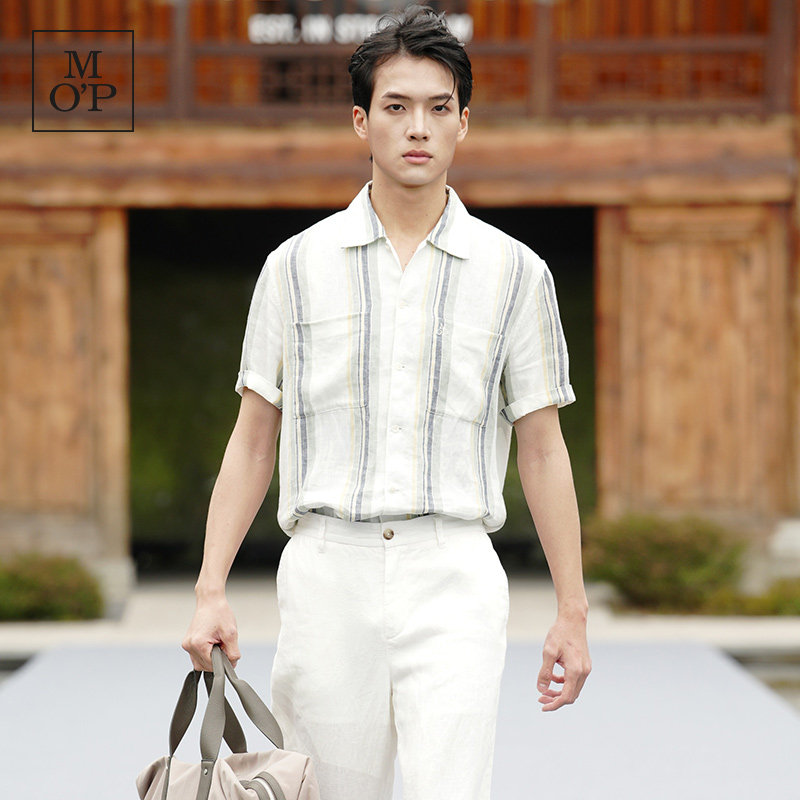 Marc O'Polo/MOP2026夏新款休闲短袖衬衫男夏季翻领条纹棉麻上衣