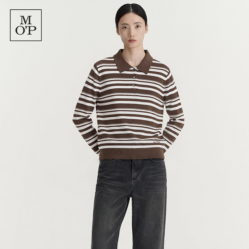Marc O'Polo/MOP2026冬新款条纹翻领套头毛衣女100%绵羊毛针织衫