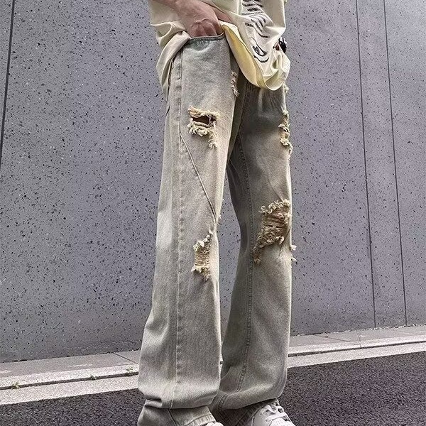 做旧黄泥色割烂破洞牛仔裤男款
