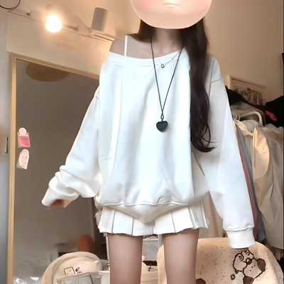 oversizet斜领露肩薄款无帽卫衣