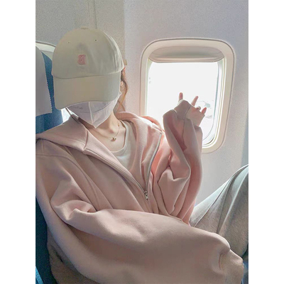 oversize纯色加绒连帽拉链卫衣