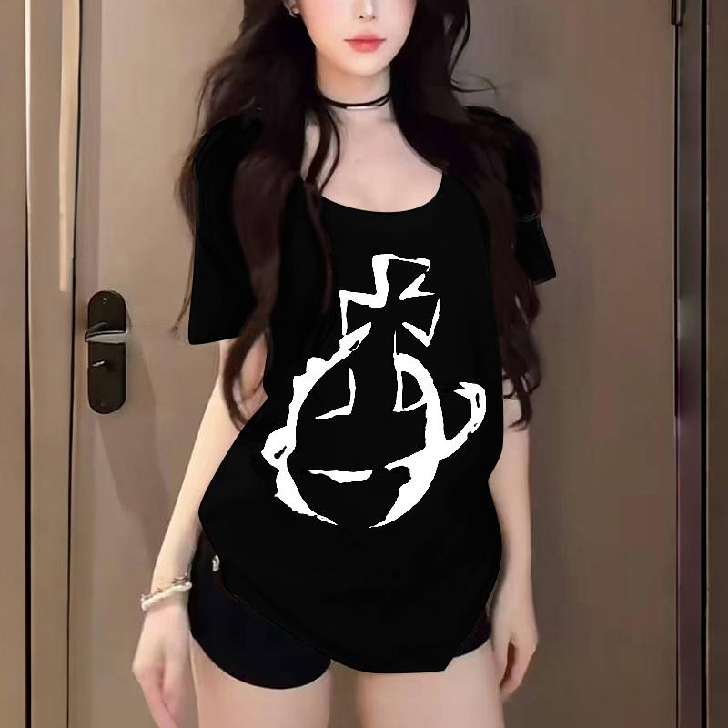 美式潮牌宽松印花U领短袖T恤女