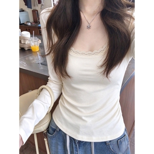 设计感正肩蕾丝方领长袖T恤女春秋内短款打底衫辣妹修身纯欲上衣