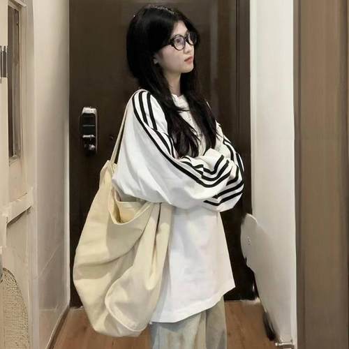 美式潮牌三条杠宽松长袖T恤女