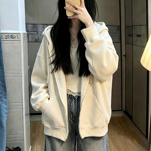 oversize薄款拉链连帽卫衣女