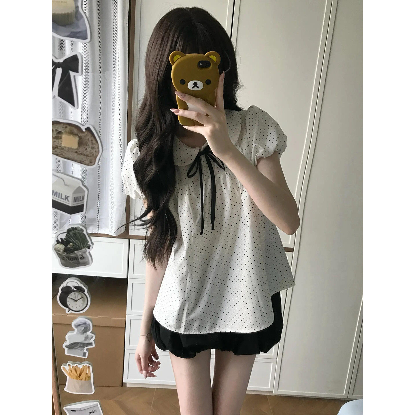 设计感小众蝴蝶结波点娃娃领短袖衬衫女夏宽松慵懒甜美上衣