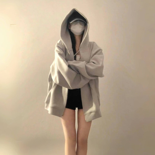 美式oversize连帽拉链卫衣女