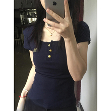 设计感小众正肩U领纯棉短袖T恤女夏美式辣妹短款高腰修身显瘦上衣