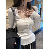 设计感小众正肩U领长袖 显瘦上衣 辣妹修身 T恤女春秋内搭短款 打底衫