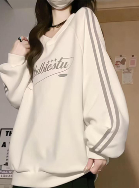 美式复古潮牌条纹V领无帽卫衣女春秋oversize薄款外套慵懒上衣
