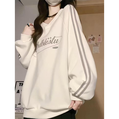 美式oversize条纹V领无帽卫衣女