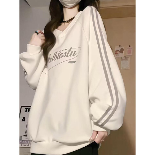 美式oversize条纹V领无帽卫衣女