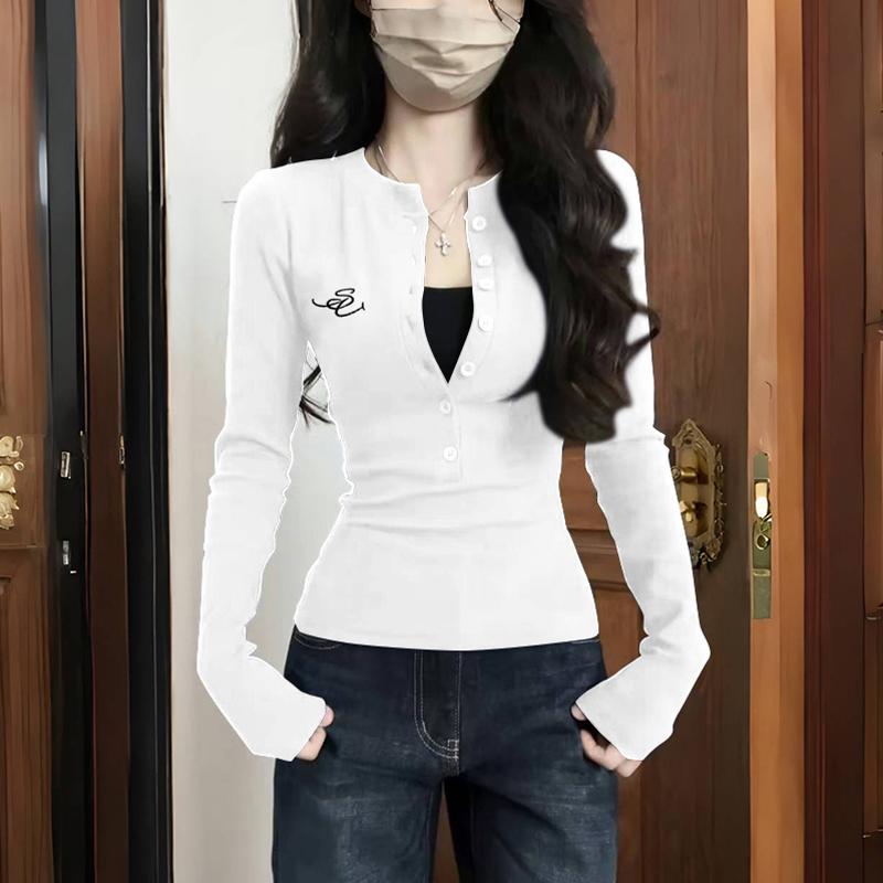 美式辣妹短款纽扣纯棉长袖T恤图片
