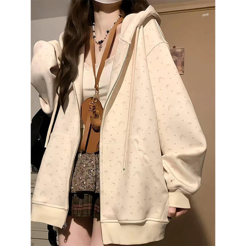 碎花连帽卫衣女春秋oversize薄款外套港味chic宽松慵懒开衫上衣 - 封面