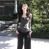 设计感小众正肩U领长袖 显瘦上衣 辣妹修身 T恤女春秋内搭短款 打底衫