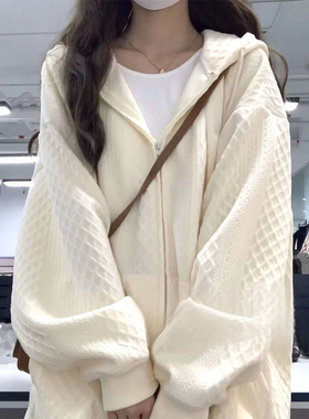 设计感小众华夫格连帽卫衣女春秋oversize薄款外套宽松慵懒开衫