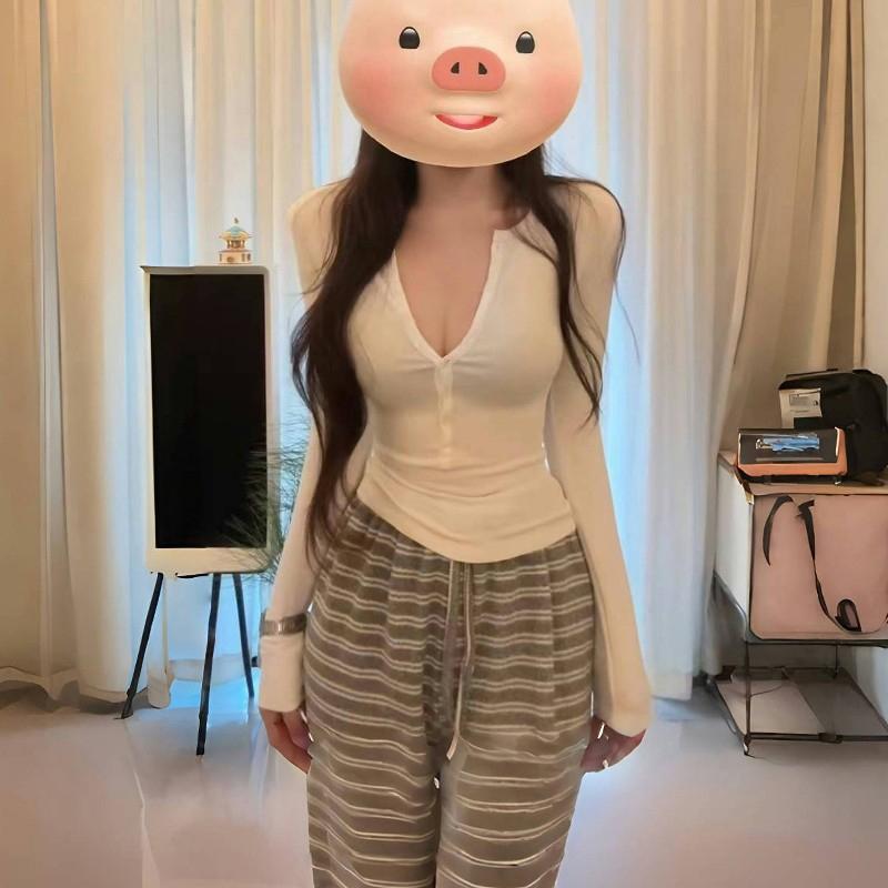 辣妹短款修身半开领纯棉长袖T恤