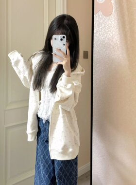 碎花连帽卫衣女春秋oversize薄款外套港味复古chic慵懒开衫上衣