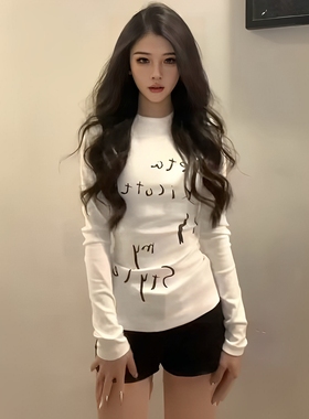 设计感小众纯棉长袖T恤女春秋内搭短款打底衫美式辣妹修身上衣服