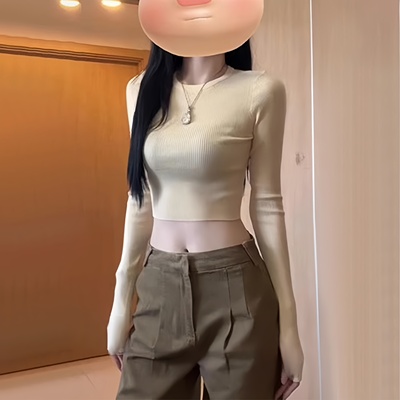 辣妹短款修身纯棉长袖T恤