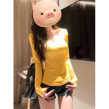 设计感小众V领纯棉长袖T恤女春秋内搭短款打底衫美式辣妹修身上衣