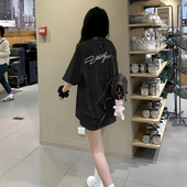 T恤女夏设计感小众宽松半袖 美式 复古高街潮牌正肩短袖 体恤上衣服