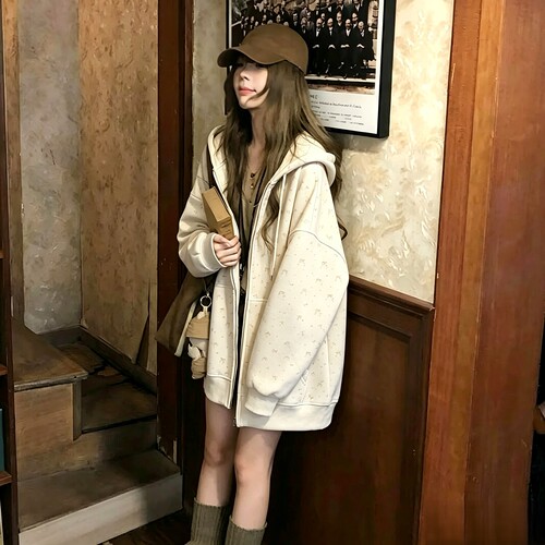 oversize薄款碎花拉链连帽卫衣女