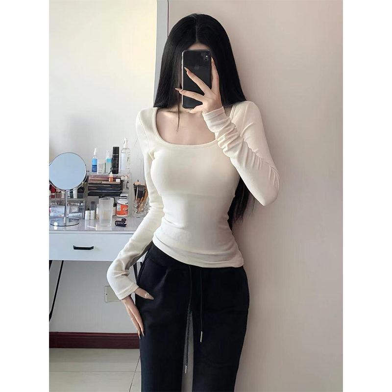 短款修身方领德绒长袖打底衫女