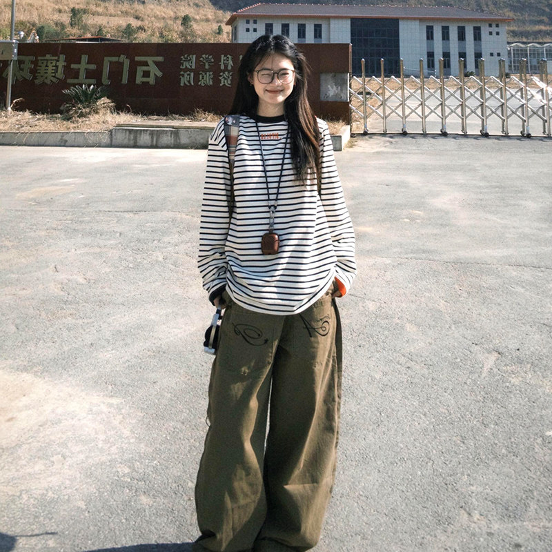 美式复古潮牌条纹长袖T恤女春秋内搭打底衫chic宽松显瘦慵懒上衣