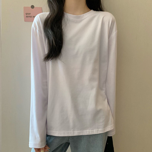 正肩纯棉长袖 宽松百搭上衣简约休闲体恤 T恤女春秋内搭纯色打底衫