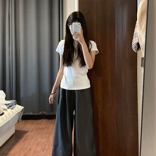 正肩圆领纯棉短袖 显瘦上衣简约百搭体恤 T恤女夏辣妹短款 高腰修身