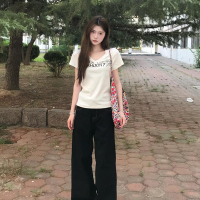 美式辣妹短款修身V领纯棉短袖T恤